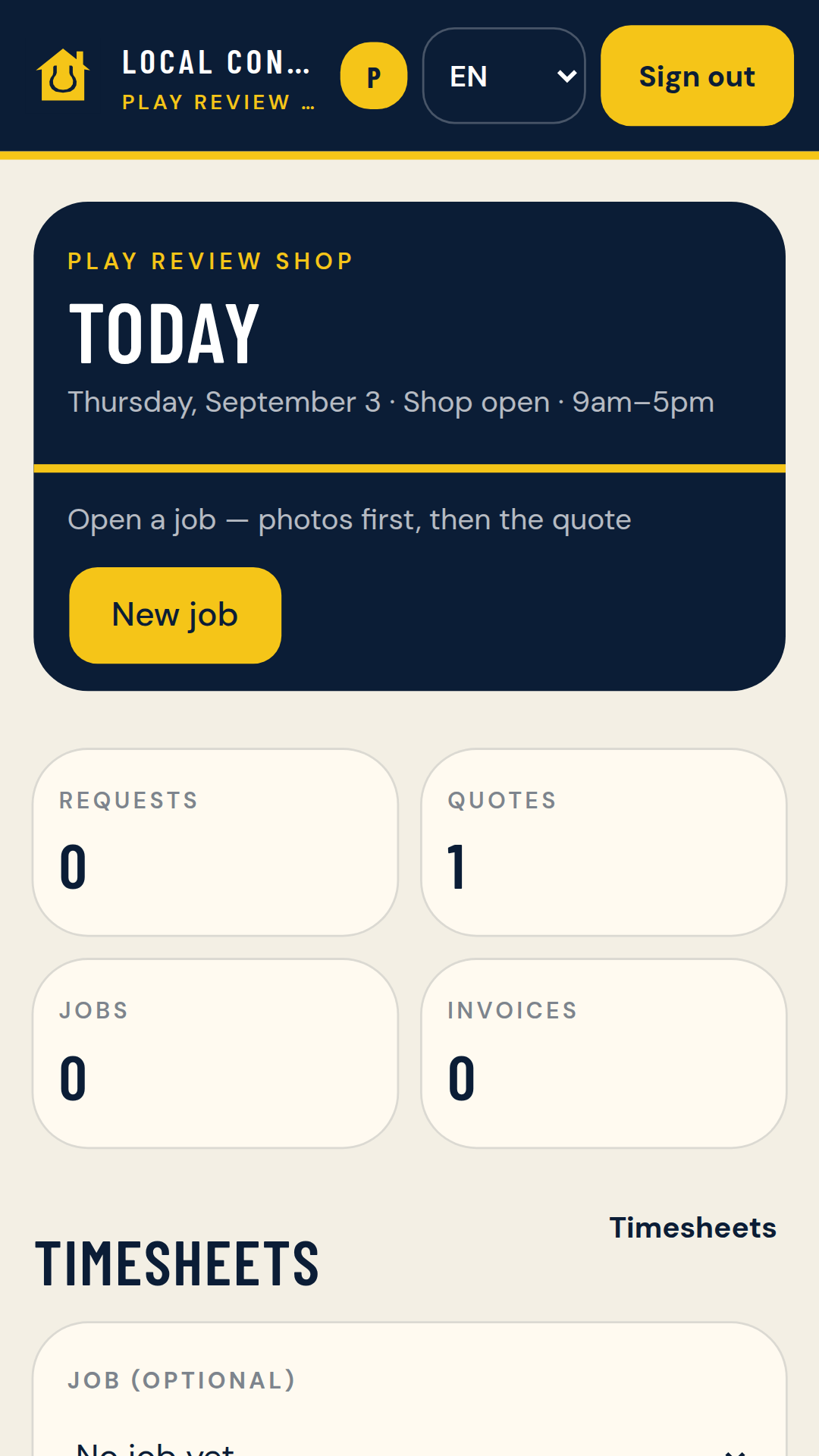 Local Contractors Today dashboard